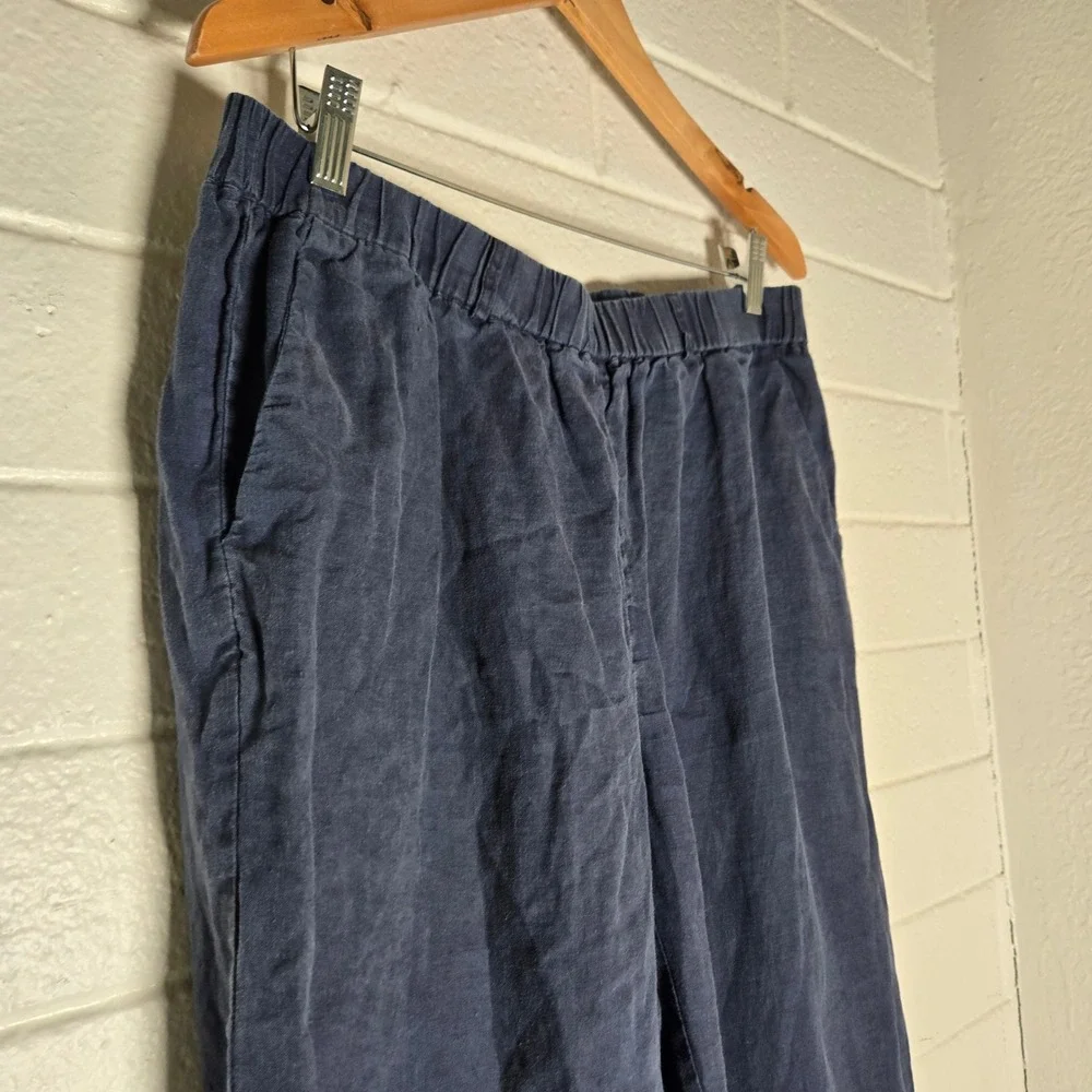 Quince Women Linen Pants Navy Large Elastic Waist Relaxed Cropped Boho Resort
